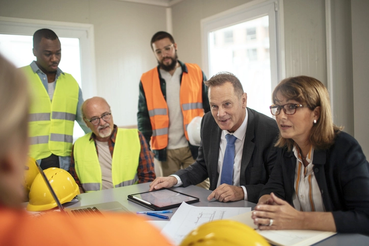 Construction workers meeting with insurance agent