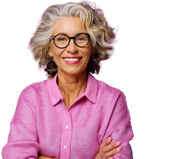 A woman in a pink button-up wearing glasses and smiling.